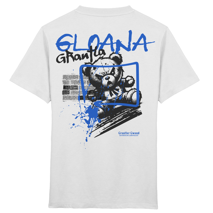 Weißes Kinder T-Shirt mit großem Backprint „Gloana Grantla“ und frechem Bären im Street-Art-Stil.