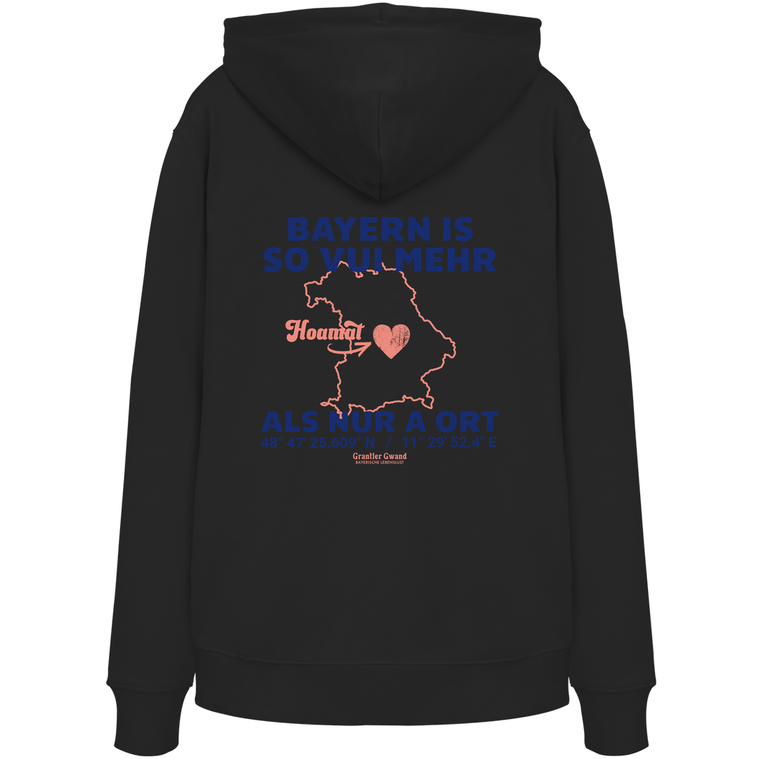 Weißer Unisex Hoodie von Grantler Gwand mit blauem Backprint „Bayern is so vui mehr als nur a Ort“, Herzsymbol und Bayern-Silhouette – bayerischer Streetwear Hoodie.