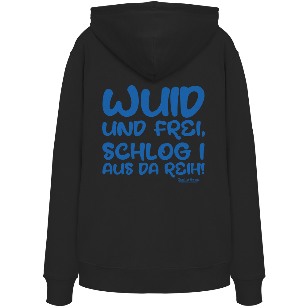 Schwarzer Wuid und frei Hoodie mit großem blauen Backprint und bayerischem Spruch. Unisex Kapuzenhoodie aus hochwertiger Baumwollmischung für Streetwear, Biergarten, Volksfest und Freizeit. Designed und bedruckt in Bayern von Grantler Gwand.