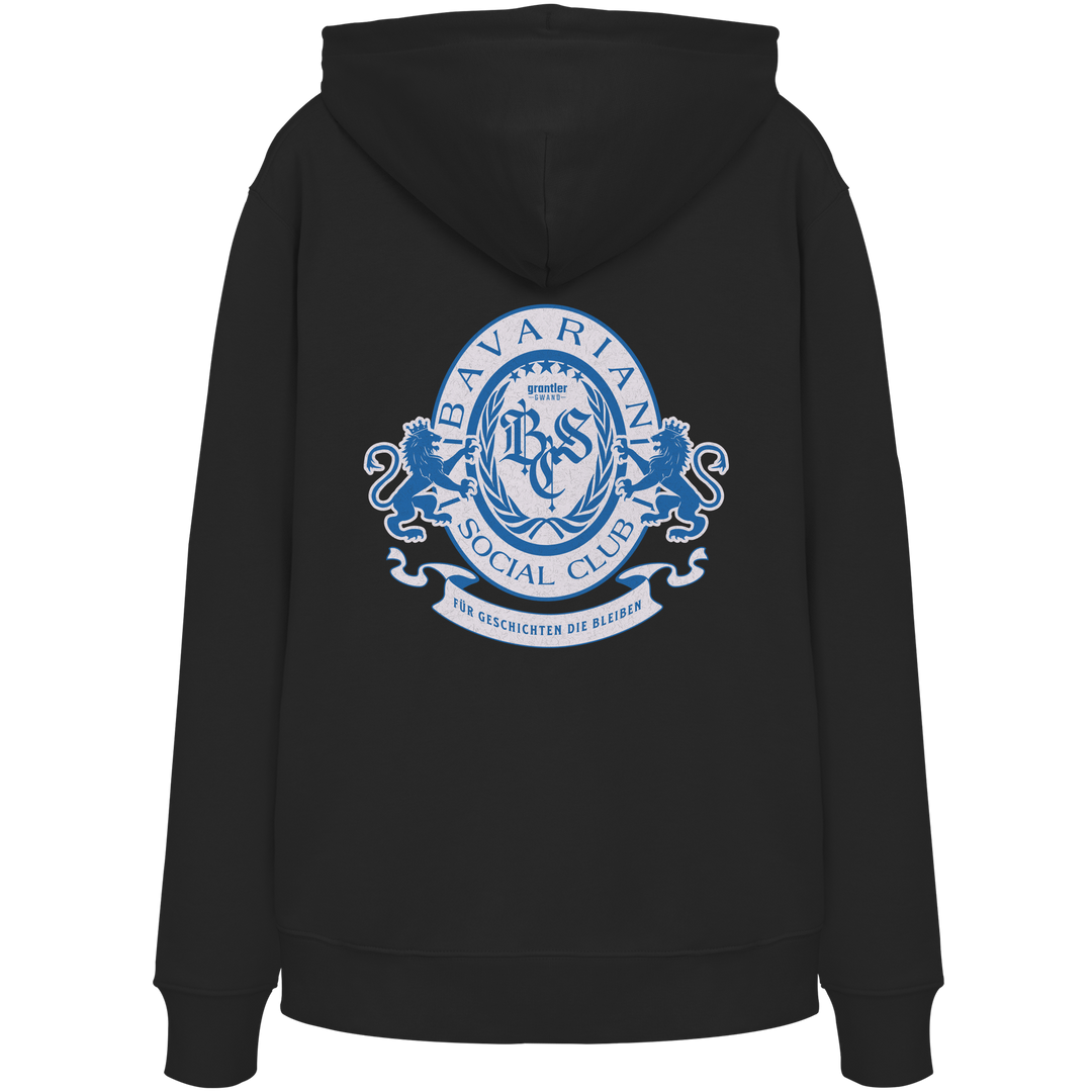 schwarzer Hoodie mit großem blauen Bavarian Social Club Wappen auf dem Rücken, Lorbeerkranz, Löwen und hochwertigem bayerischen Streetwear-Design.