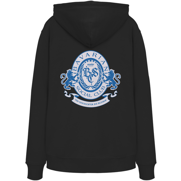 schwarzer Hoodie mit großem blauen Bavarian Social Club Wappen auf dem Rücken, Lorbeerkranz, Löwen und hochwertigem bayerischen Streetwear-Design.