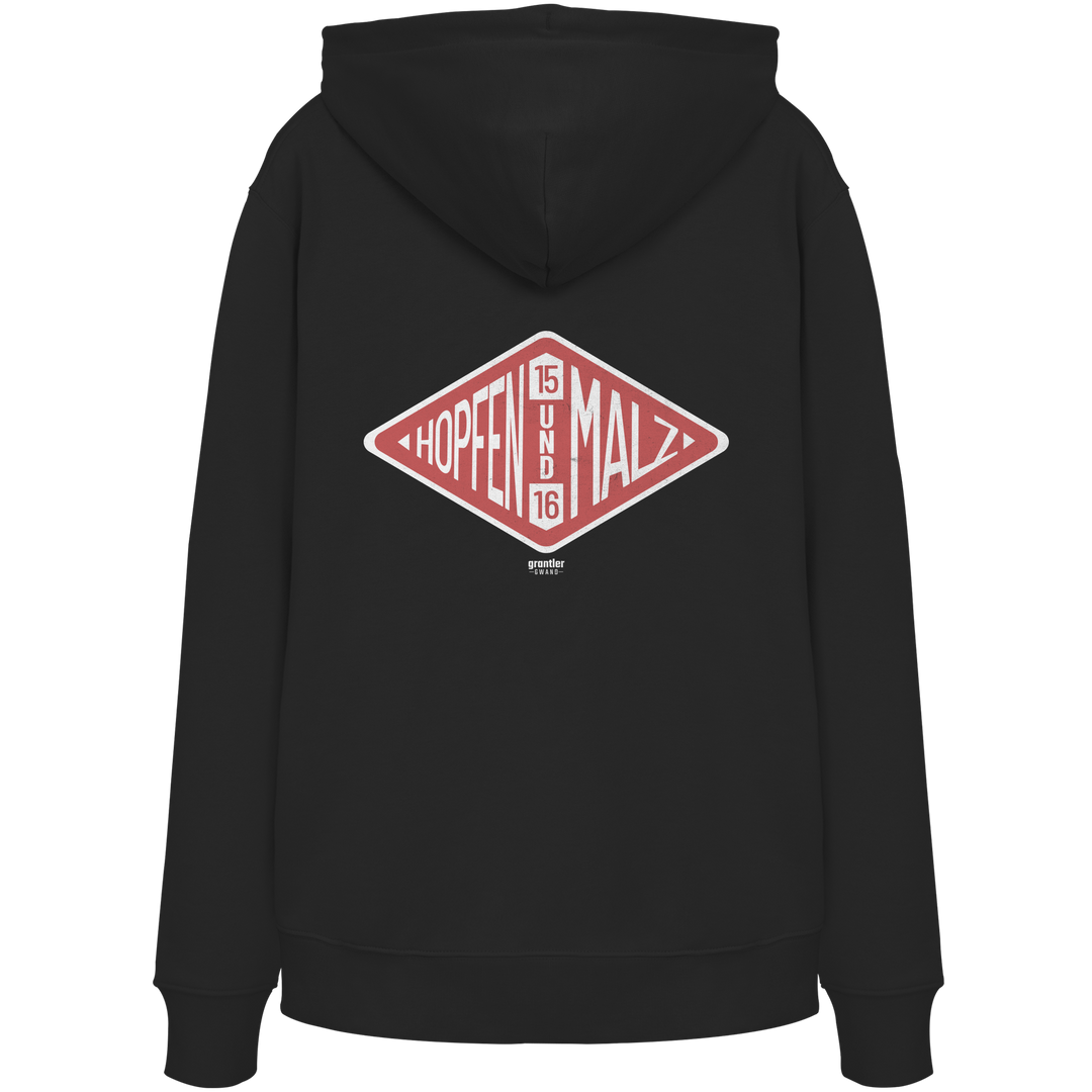 Schwarzer Hoodie mit großem roten Rauten-Backprint und dem Schriftzug „Hopfen und Malz 1516“ im Vintage-Design.