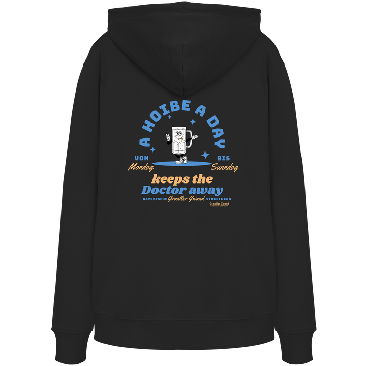 Schwarzer Grantler Gwand Unisex Hoodie mit Backprint „A Hoibe a Day keeps the Doctor away“, Bierkrug-Maskottchen im Retro-Design und hellblauen Details – bayerischer Streetwear Hoodie.