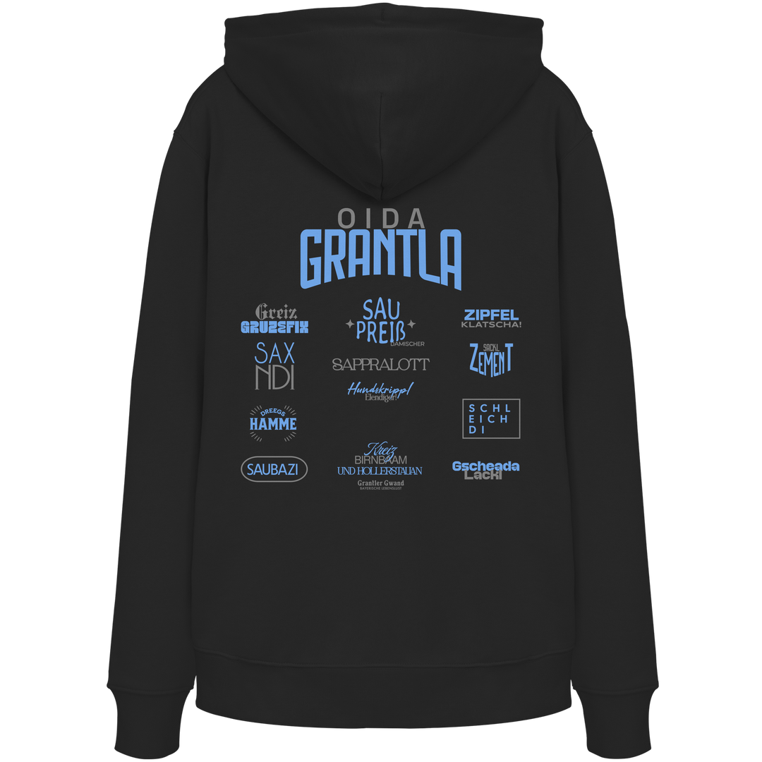 Schwarzer Hoodie mit großem Backprint „Oida Grantla“ und verschiedenen bayerischen Dialektbegriffen wie Saupreis, Saxnidi, Zipfelklatscha und Schleich di von Grantler Gwand.