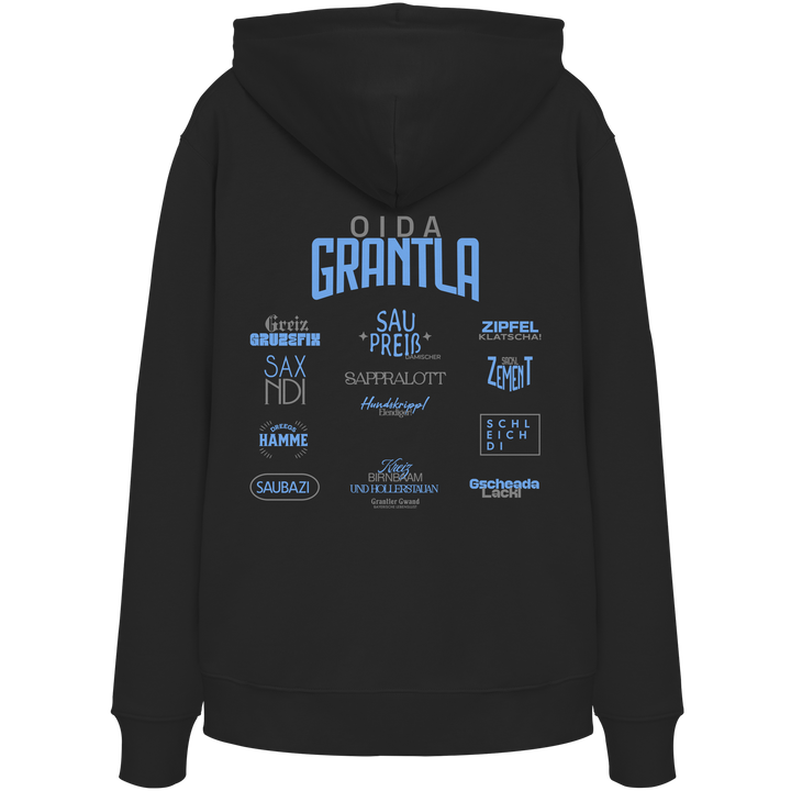 Schwarzer Hoodie mit großem Backprint „Oida Grantla“ und verschiedenen bayerischen Dialektbegriffen wie Saupreis, Saxnidi, Zipfelklatscha und Schleich di von Grantler Gwand.