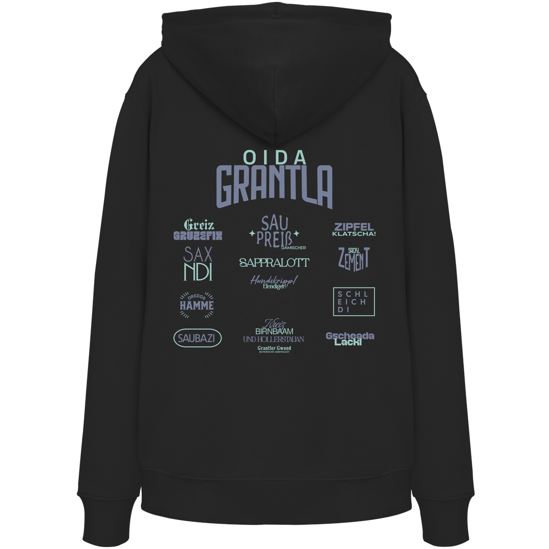 Schwarzer Hoodie mit großem Backprint „Oida Grantla“ und verschiedenen bayerischen Dialektbegriffen wie Saupreis, Saxnidi, Zipfelklatscha und Schleich di von Grantler Gwand.