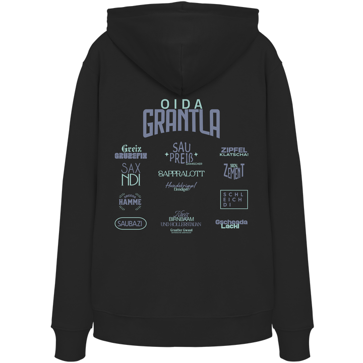 Schwarzer Hoodie mit großem Backprint „Oida Grantla“ und verschiedenen bayerischen Dialektbegriffen wie Saupreis, Saxnidi, Zipfelklatscha und Schleich di von Grantler Gwand.
