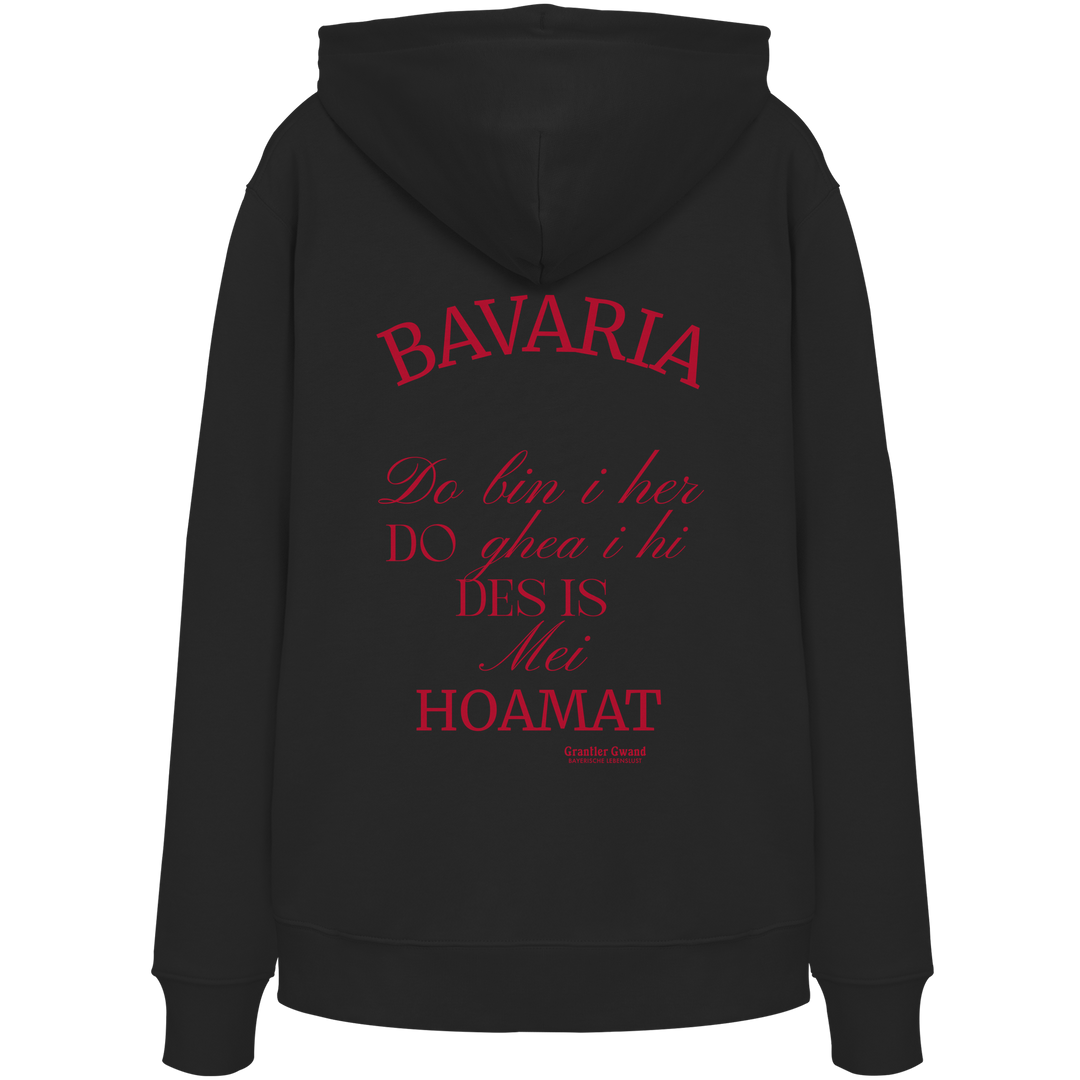 Schwarzer Hoodie mit großem Backprint „Bavaria – Do bin i her. Do ghea i hi. Des is mei Hoamat.“ in elegantem Typografie-Design.