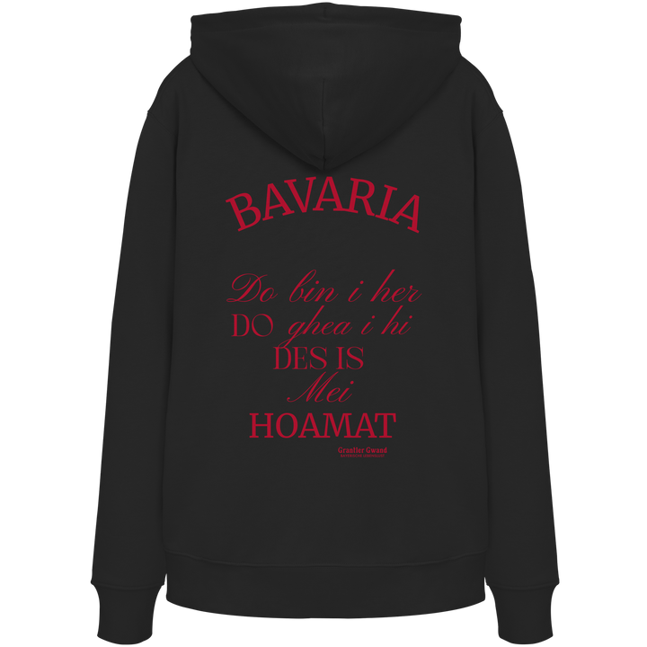 Schwarzer Hoodie mit großem Backprint „Bavaria – Do bin i her. Do ghea i hi. Des is mei Hoamat.“ in elegantem Typografie-Design.