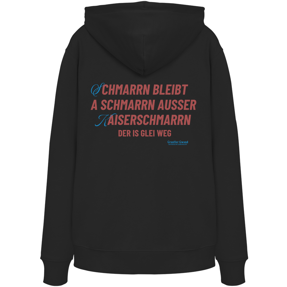 Schwarzer Hoodie mit großem Backprint „Schmarrn bleibt a Schmarrn, außer Kaiserschmarrn – der is glei weg“.