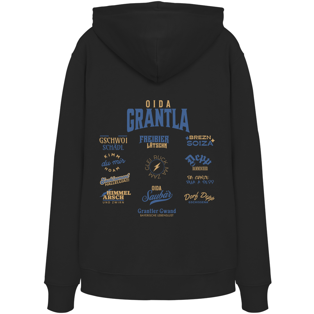 Schwarzer Hoodie mit großem Backprint „Oida Grantla“ und verschiedenen bayerischen Dialektbegriffen wie Gschwoi Schädl, Freibier Låtschn, Brezn Soiza, Oida Saubär und Dorf Depp von Grantler Gwand.