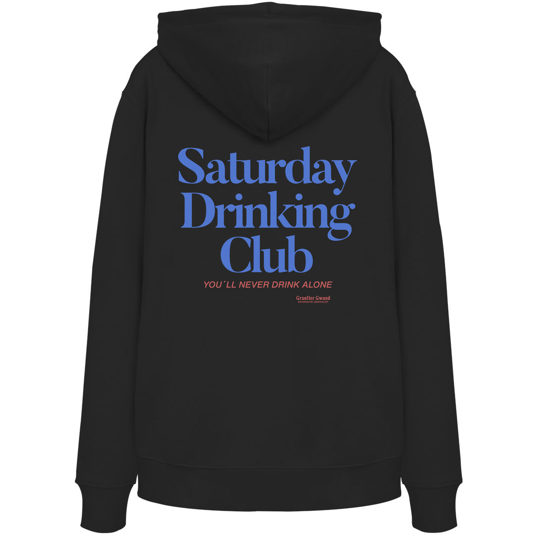 Schwarzer Hoodie mit großem Rückenprint „Saturday Drinking Club“ in Blau und rotem Schriftzug „You&