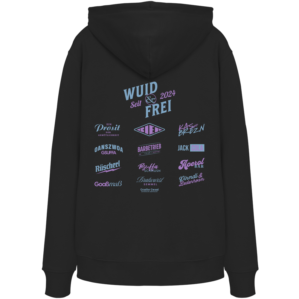 Schwarzer Hoodie mit großem Backprint „Wuid & Frei seit 2024“ sowie verschiedenen bayerischen Typografie-Designs und Dialektbegriffen.