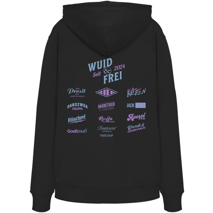 Schwarzer Hoodie mit großem Backprint „Wuid &amp; Frei seit 2024“ sowie verschiedenen bayerischen Typografie-Designs und Dialektbegriffen.