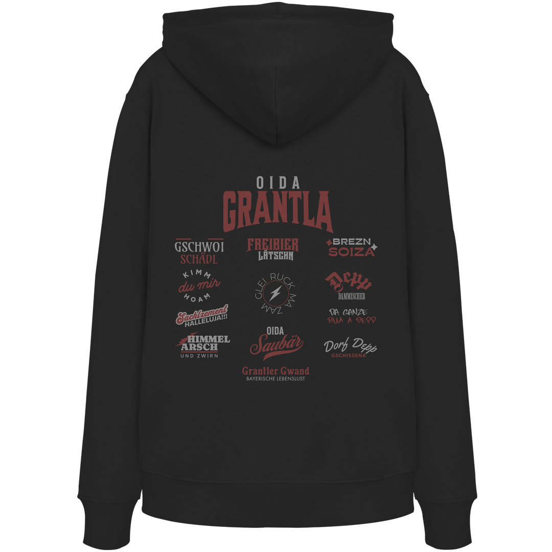 Schwarzer Hoodie mit großem Backprint „Oida Grantla“ und verschiedenen bayerischen Dialektbegriffen wie Gschwoi Schädl, Freibier Låtschn, Brezn Soiza, Oida Saubär und Dorf Depp von Grantler Gwand.
