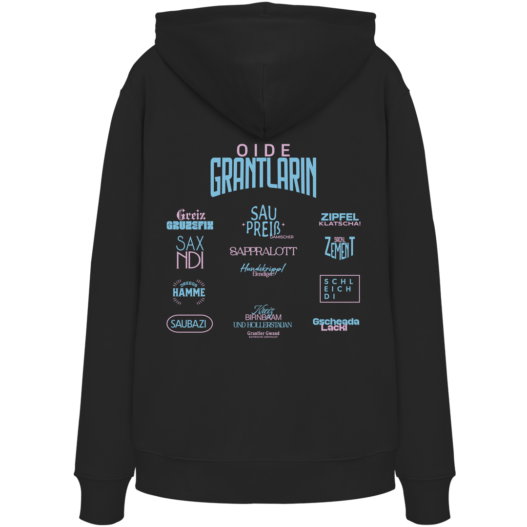 Schwarzer Hoodie mit großem Backprint „Oide Grantlarin“ sowie bayerischen Dialektbegriffen im modernen Typografie-Design von Grantler Gwand.