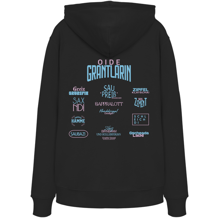 Schwarzer Hoodie mit großem Backprint „Oide Grantlarin“ sowie bayerischen Dialektbegriffen im modernen Typografie-Design von Grantler Gwand.