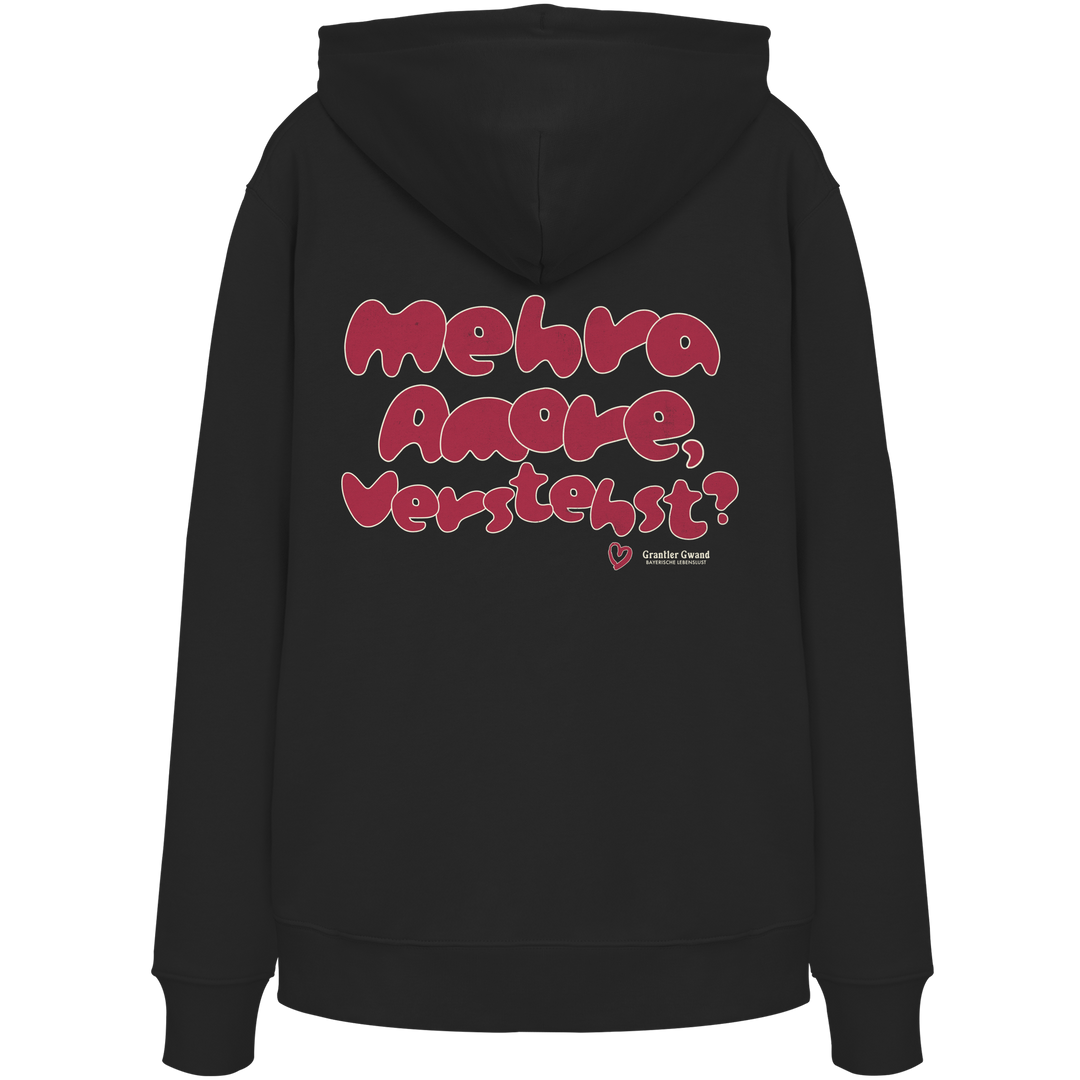 Schwarzer Hoodie mit großem Backprint „Mehra Amore, verstehst?“ in roter Retro-Typografie.