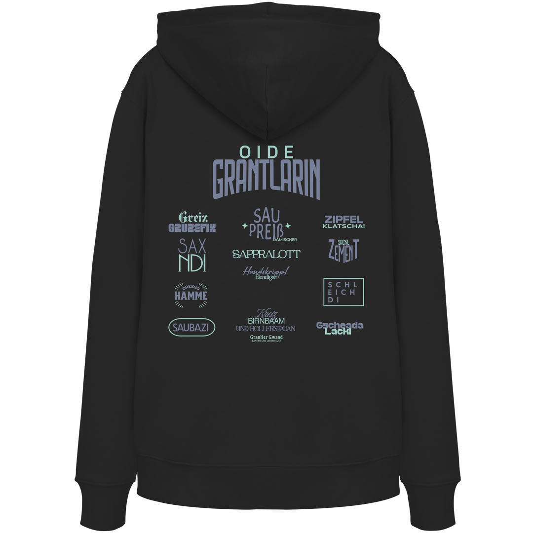 Schwarzer Oversize Hoodie mit großem Backprint „Oide Grantlarin“ sowie bayerischen Dialektbegriffen im modernen Typografie-Design von Grantler Gwand.