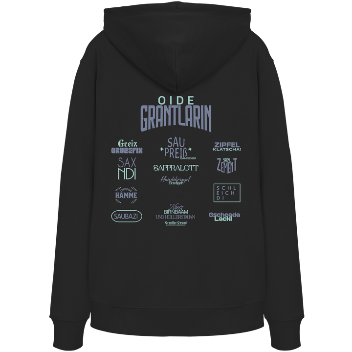 Schwarzer Oversize Hoodie mit großem Backprint „Oide Grantlarin“ sowie bayerischen Dialektbegriffen im modernen Typografie-Design von Grantler Gwand.