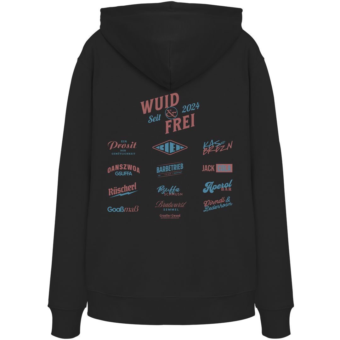 Schwarzer Hoodie mit großem Backprint „Wuid &amp; Frei seit 2024“ sowie verschiedenen bayerischen Typografie-Designs und Dialektbegriffen.