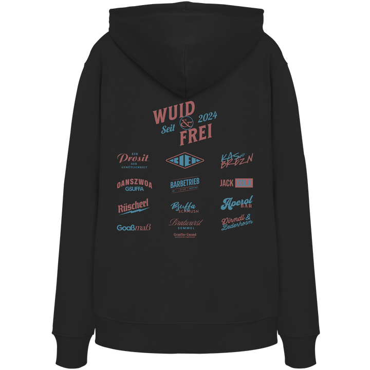 Schwarzer Hoodie mit großem Backprint „Wuid &amp; Frei seit 2024“ sowie verschiedenen bayerischen Typografie-Designs und Dialektbegriffen.