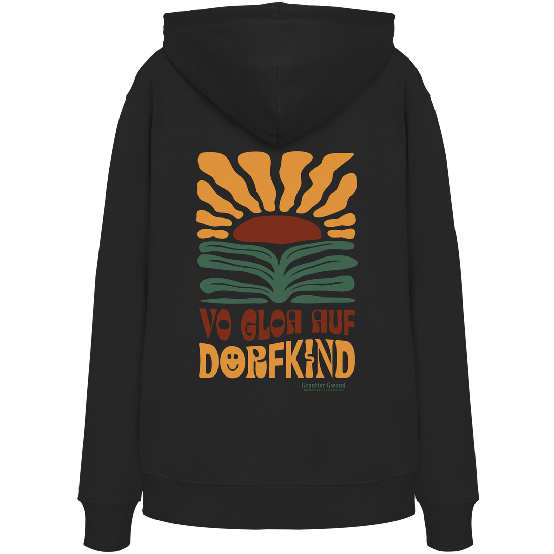 Schwarzer Unisex Hoodie mit großem Retro-Backprint aus stilisierter Sonne und Landschaft sowie dem bayerischen Schriftzug „Vo Gloa auf Dorfkind“ in warmen Vintage-Farben.