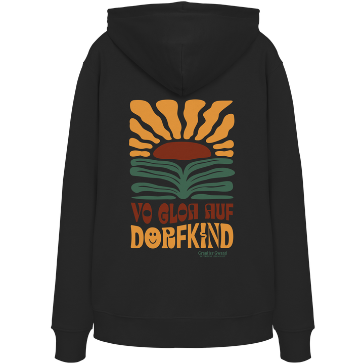 Schwarzer Unisex Hoodie mit großem Retro-Backprint aus stilisierter Sonne und Landschaft sowie dem bayerischen Schriftzug „Vo Gloa auf Dorfkind“ in warmen Vintage-Farben.