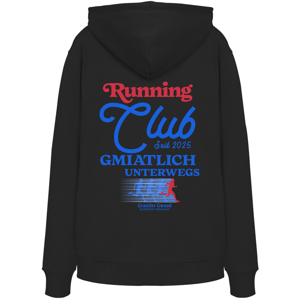 Schwarzer Unisex Hoodie mit großem Running Club Backprint im Retro-Design in Blau und Rot – hochwertiger Baumwoll Hoodie mit bayerischem Streetwear-Style für Freizeit, Laufen und Sport von Grantler Gwand.
