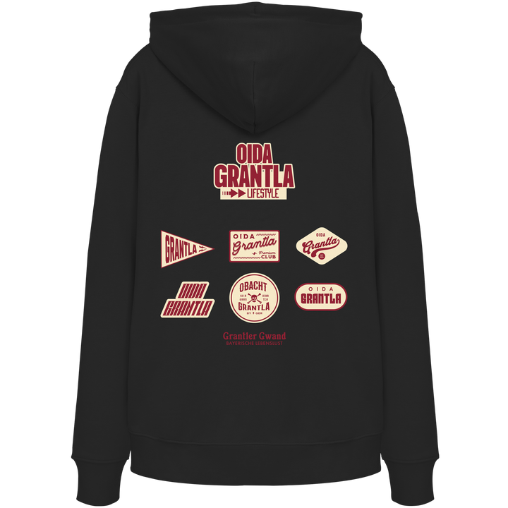 Schwarzer Hoodie mit großem Oida Grantla Lifestyle Backprint aus mehreren Retro-Logos im bayerischen Streetwear-Design von Grantler Gwand.