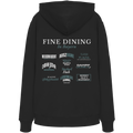 Schwarzer Hoodie mit großem Backprint "Fine Dining in Bayern" und verschiedenen bayerischen Spezialitäten wie Weißwiascht, Obazda, Auszogne, Steckerlfisch und Leberkas von Grantler Gwand.