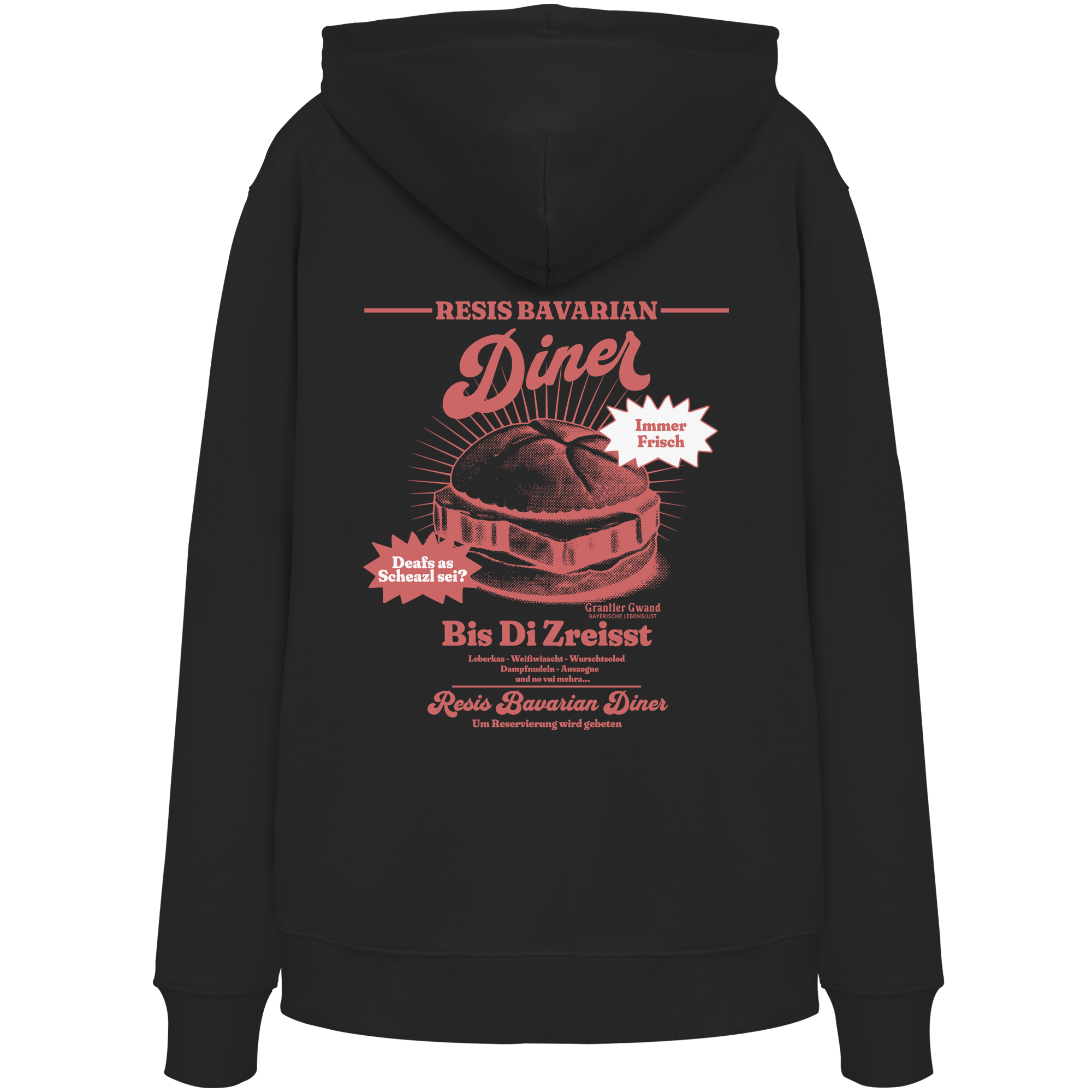Schwarzer Hoodie mit rotem Backprint „Resis Bavarian Diner“ – bayerischer Streetwear Hoodie mit Leberkässemmel im Vintage-Diner-Design von Grantler Gwand.
