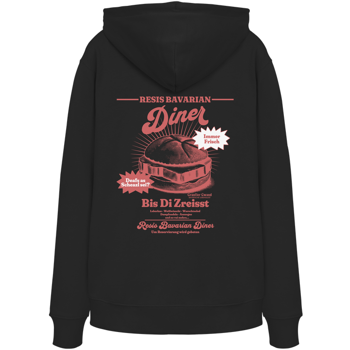 Schwarzer Hoodie mit rotem Backprint „Resis Bavarian Diner“ – bayerischer Streetwear Hoodie mit Leberkässemmel im Vintage-Diner-Design von Grantler Gwand.