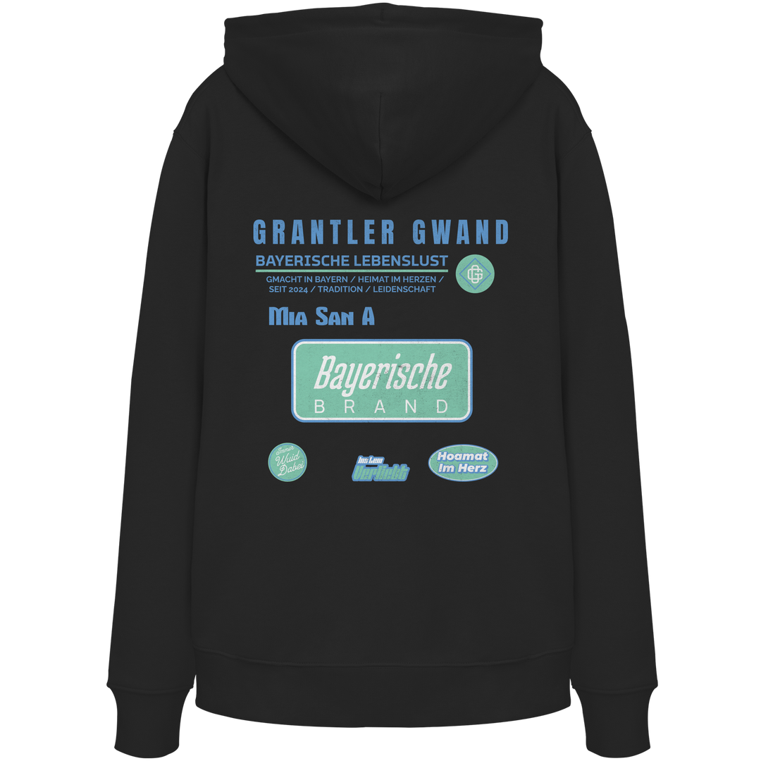 Schwarzer Hoodie mit großem Grantler Gwand Backprint, blau-grünem „Bayerische Brand“-Schriftzug und moderner bayerischer Streetwear-Grafik.