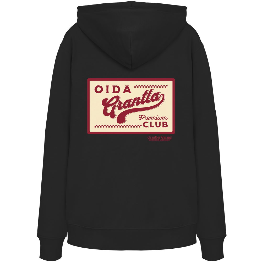 Schwarzer Hoodie mit großem Retro-Backprint "Oida Grantla Premium Club" im Vintage-Stil. Bayerischer Streetwear Hoodie von Grantler Gwand.