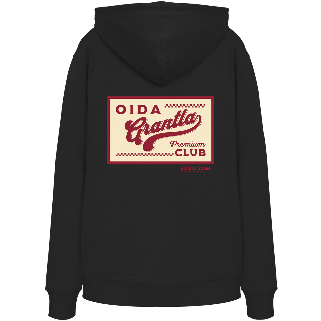 Schwarzer Hoodie mit großem Retro-Backprint "Oida Grantla Premium Club" im Vintage-Stil. Bayerischer Streetwear Hoodie von Grantler Gwand.