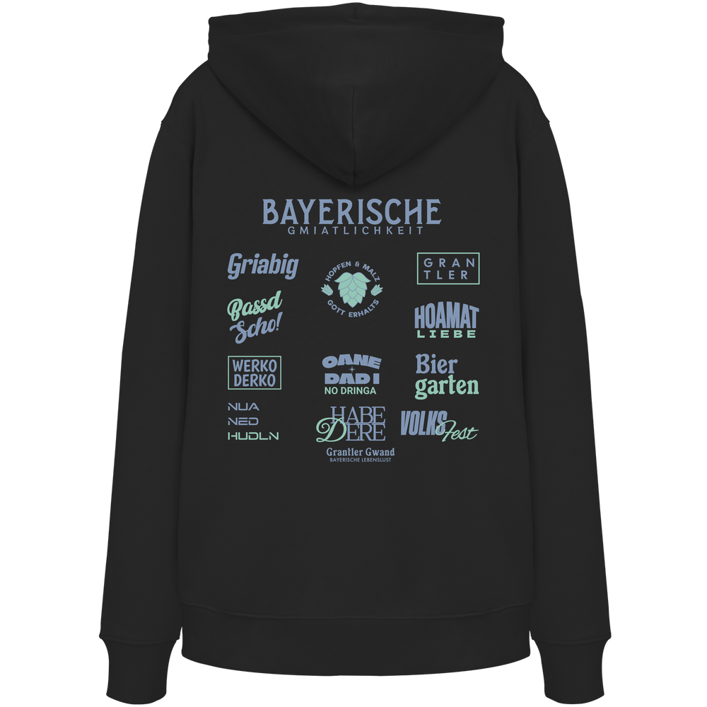 Schwarzer Bayerische Gmiatlichkeit Hoodie mit großem grünem Backprint und typischen bayerischen Begriffen wie Hoamatliebe, Biergarten, Grantler und Hopfen & Malz. Unisex Kapuzenhoodie im modernen Streetwear-Look für Freizeit, Volksfest und Biergarten. Designed und bedruckt in Bayern von Grantler Gwand.