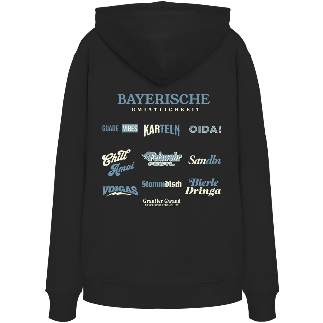 Schwarzer Hoodie mit großem Backprint "Bayerische Gmiatlichkeit" und verschiedenen bayerischen Begriffen wie Oida, Karteln, Stammdisch und Bierle Dringa von Grantler Gwand.