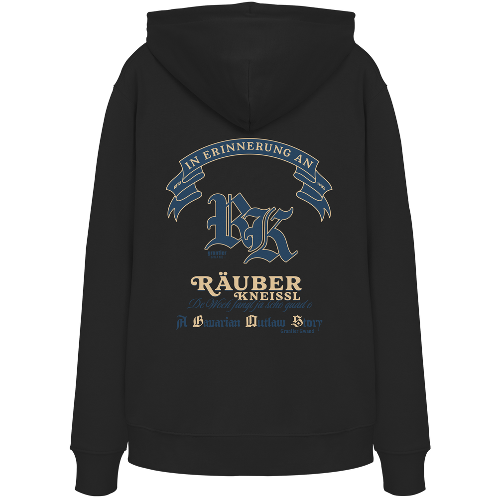 Schwarzer Hoodie mit großem „Räuber Kneißl“-Backprint in Blau und Beige sowie historischen Schriftzügen im modernen Streetwear-Stil.