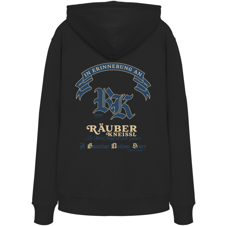 Schwarzer Hoodie mit großem „Räuber Kneißl“-Backprint in Blau und Beige sowie historischen Schriftzügen im modernen Streetwear-Stil.