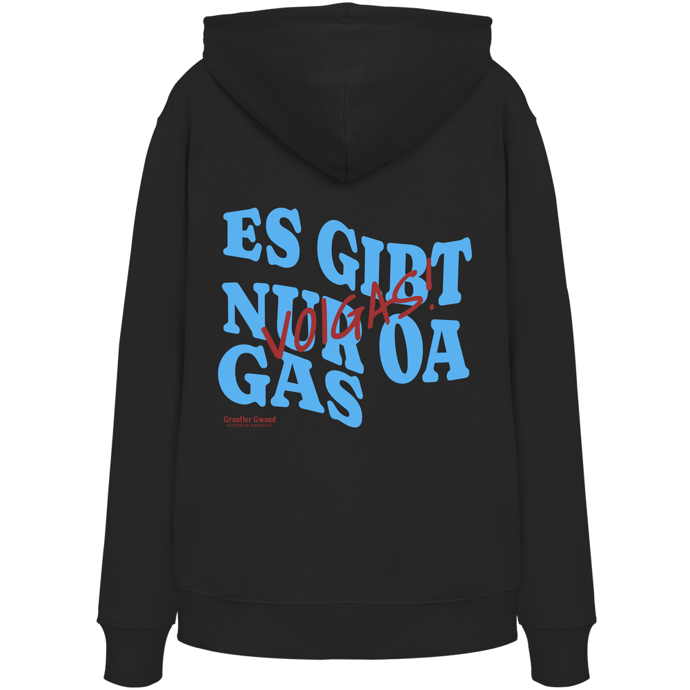Schwarzer Hoodie mit großem Backprint und dem bayerischen Spruch „Es gibt nur oa Gas“ im modernen Typografie-Design von Grantler Gwand.