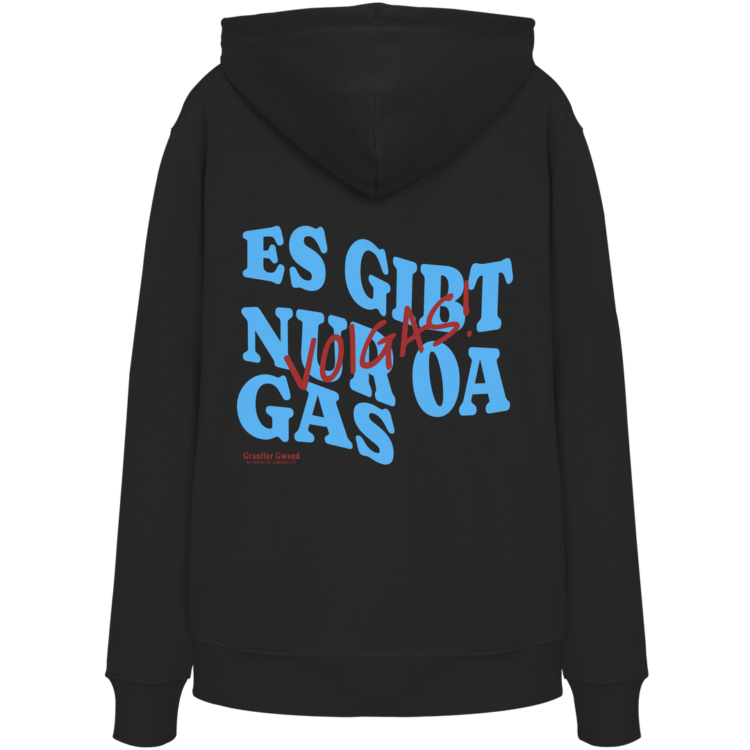 Schwarzer Hoodie mit großem Backprint und dem bayerischen Spruch „Es gibt nur oa Gas“ im modernen Typografie-Design von Grantler Gwand.