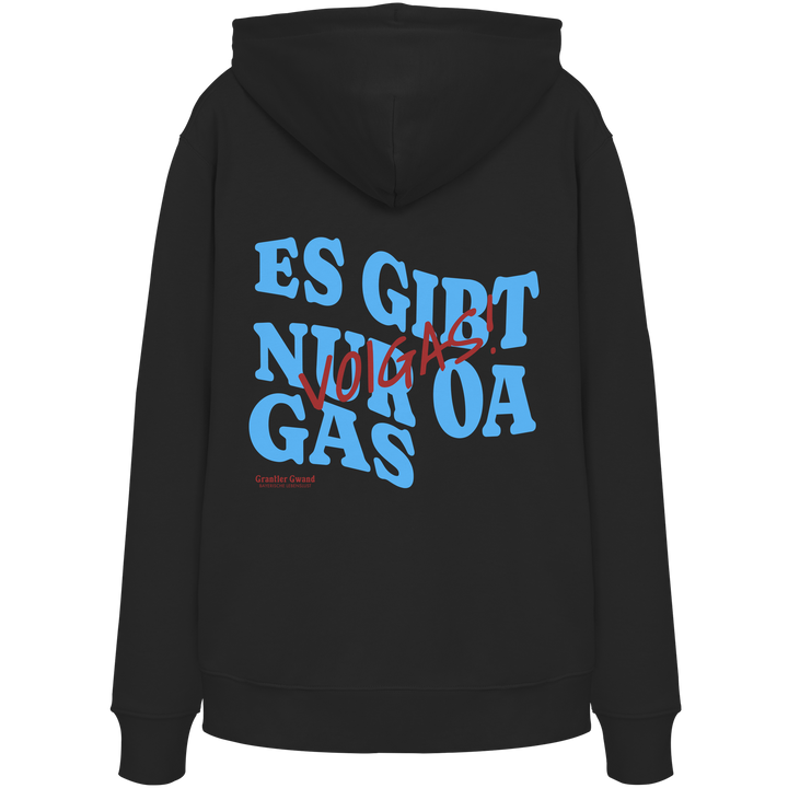 Schwarzer Hoodie mit großem Backprint und dem bayerischen Spruch „Es gibt nur oa Gas“ im modernen Typografie-Design von Grantler Gwand.