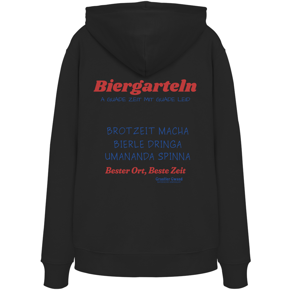 Schwarzer Unisex Hoodie mit großem Biergarteln Backprint in Rot und bayerischem Statement „A guade Zeit mit guade Leid“. Hochwertiger Premium Hoodie für Biergarten, Volksfest, Stammtisch und moderne bayerische Streetwear. Designed und bedruckt in Bayern von Grantler Gwand.