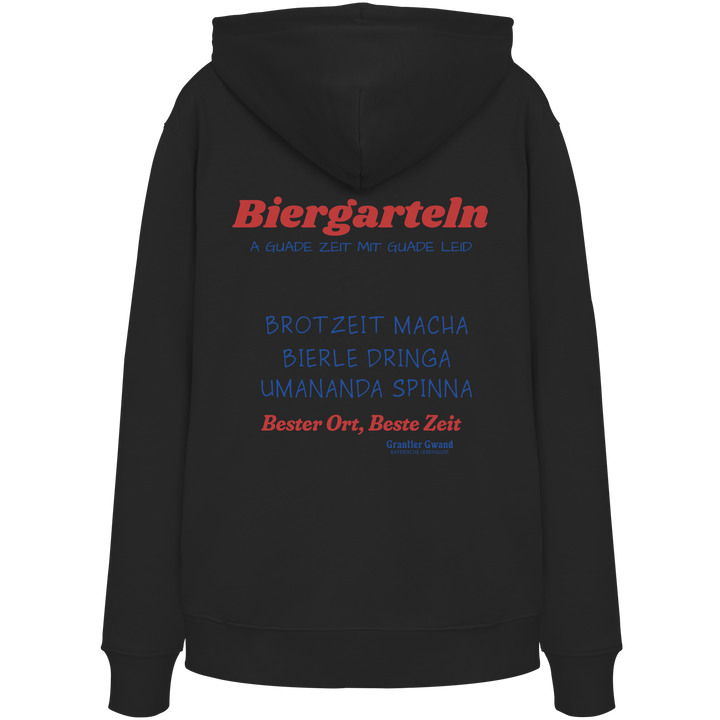 Schwarzer Unisex Hoodie mit großem Biergarteln Backprint in Rot und bayerischem Statement „A guade Zeit mit guade Leid“. Hochwertiger Premium Hoodie für Biergarten, Volksfest, Stammtisch und moderne bayerische Streetwear. Designed und bedruckt in Bayern von Grantler Gwand.