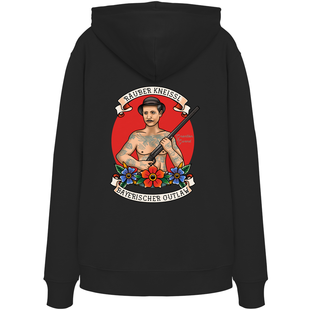 Schwarzer Unisex Hoodie mit Räuber Kneissl Frontprint im Tattoo-Style. Unisex Premium Hoodie aus Bio-Baumwolle mit bayerischem Motiv für Streetwear, Alltag und Festival. Designed und bedruckt in Bayern von Grantler Gwand.