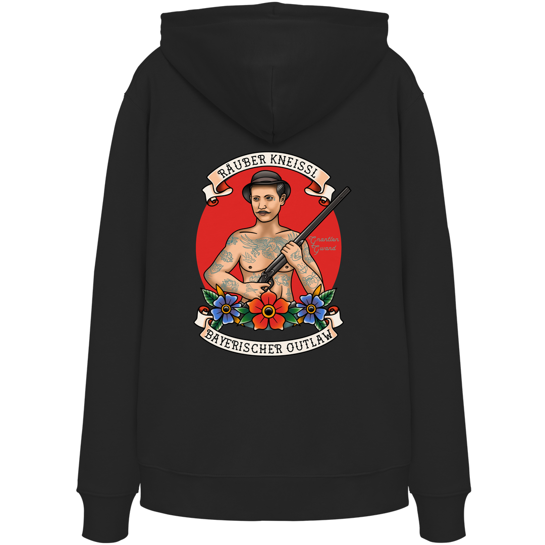 Schwarzer Unisex Hoodie mit Räuber Kneissl Frontprint im Tattoo-Style. Unisex Premium Hoodie aus Bio-Baumwolle mit bayerischem Motiv für Streetwear, Alltag und Festival. Designed und bedruckt in Bayern von Grantler Gwand.