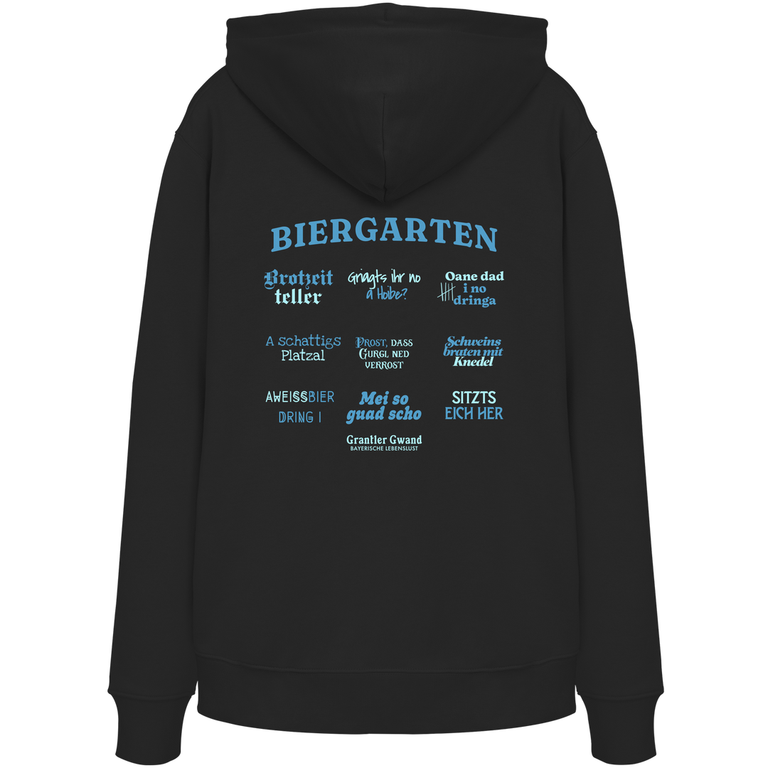 Schwarzer Unisex Hoodie mit blau-grünem „Biergarten“-Rückendruck im Retro-Design – hochwertiger  Hoodie von Grantler Gwand.