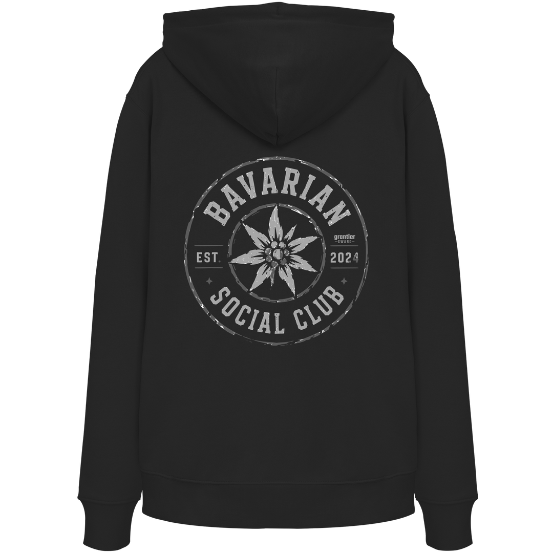 Schwarzer  Hoodie mit großem grauen Rundlogo „Bavarian Social Club“, Edelweiß-Motiv und Vintage-Backprint im Streetwear-Stil.