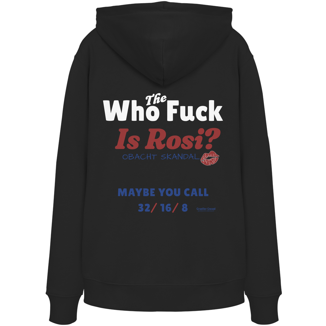 Schwarzer Hoodie mit großem Backprint "Who the Fuck Is Rosi?", "Obacht Skandal" und bayerischem Streetwear-Design von Grantler Gwand.